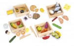 Kit de productos alimenticios de madera con frutas, verduras, lechería, carne y pan