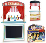Teatro y mercado de madera, 2 en 1, con productos alimenticios y marionetas coloradas para jugar ¨Aladino¨