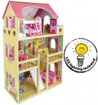 Casa de muñecas de madera - Bella Residencia Rosa - con 4 muñecos, muebles y accesorios, LED + control remoto