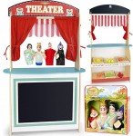 Teatro y mercado de madera, 2 en 1, con cuatro marionetas y productos alimenticios