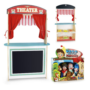 Teatro y mercado de madera, 2 en 1, con productos alimenticios y marionetas coloradas para jugar "Pinochio"