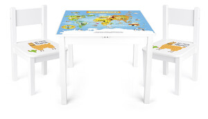 Mesa y 2 sillas "Yeti" de madera para niños: Mapa del mundo