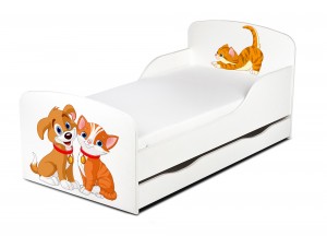  Cama infantil con colchón cómodo y cajón 140/70. Motivo: El gato y el perro. De madera.