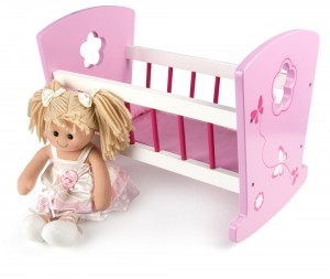 Cuna de madera rosa para muñecas + muñeca suave (rubio)