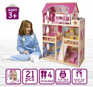 Casa de muñecas de madera - Bella Residencia Rosa - con 4 muñecos, muebles y accesorios