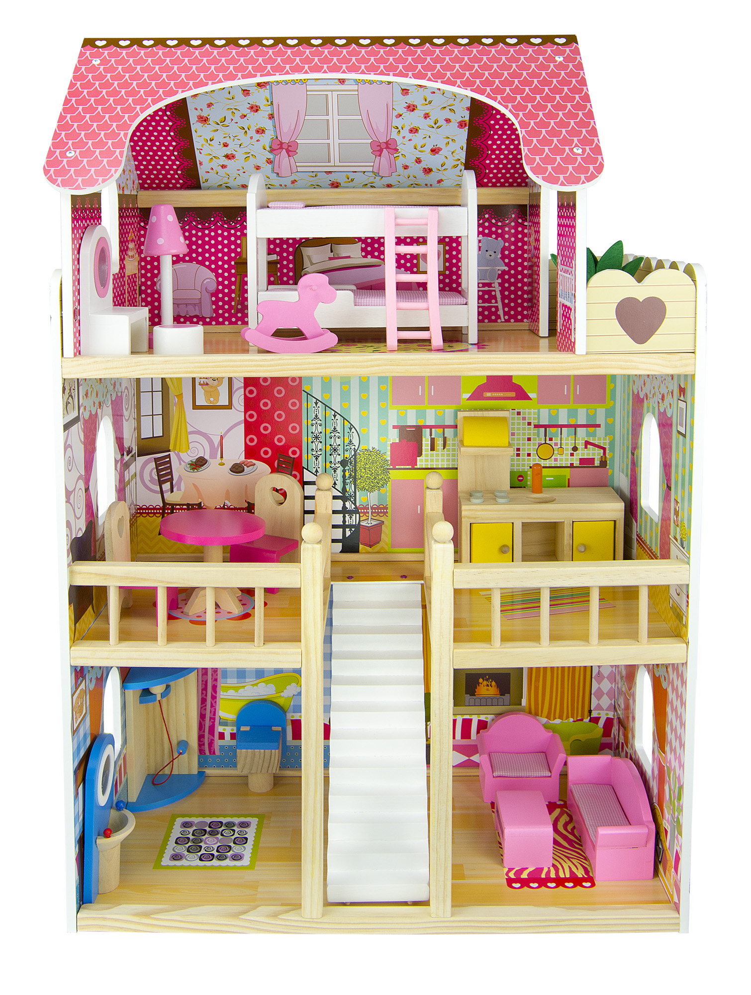 Casa de muñecas de madera - Bella Residencia Rosa - con 4 muñecos, muebles  y accesorios